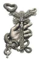 rosary pray hands with large cross with a snake around the cross tattoo design idea
