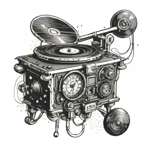 An intricate tattoo of a vintage record player with a speedometer incorporated into the design, representing your passion for music and fast driving tattoo design idea