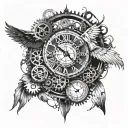 'd like the focal point to be a broken clock. I like the gears in the middle of the clock. Possibly some wings at the to tattoo design idea