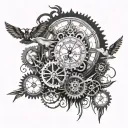 'd like the focal point to be a broken clock. I like the gears in the middle of the clock. Possibly some wings at the to tattoo design idea