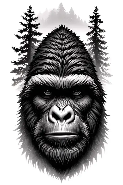 Sasquatch and trees realistic portrait tattoo design idea