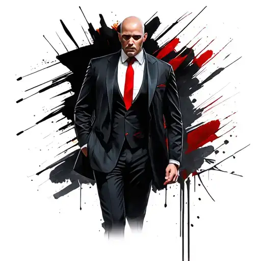Hitman in elegant dark dresses - black jacket, white shirt, loose red tie - has the face in part in the shade. tattoo design idea