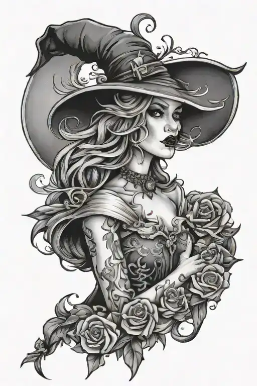 pretty witch upper body tattoo design idea