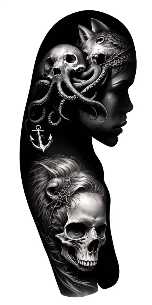 Katrina on the shoulder, interior of the bicep a skull, on the forearm an octopus with anchor and wolf tattoo design idea
