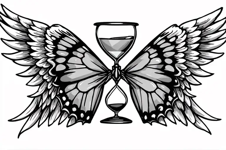 butterfly and angel wing with hourglass between wings tattoo design idea