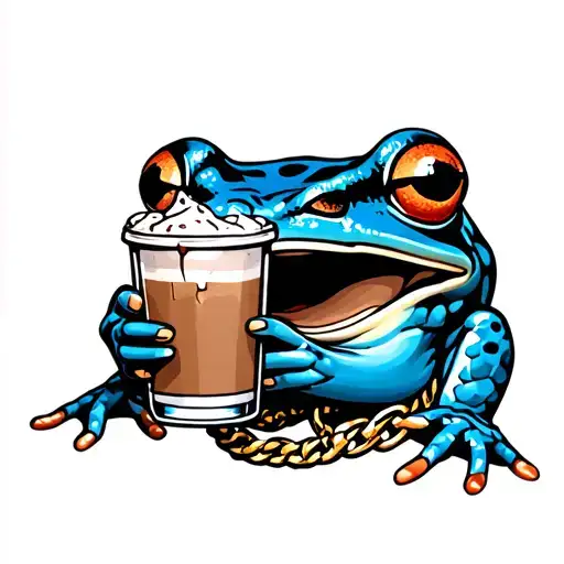 black and blue frog holding an iced coffee with a gold chain on the neck tattoo design idea