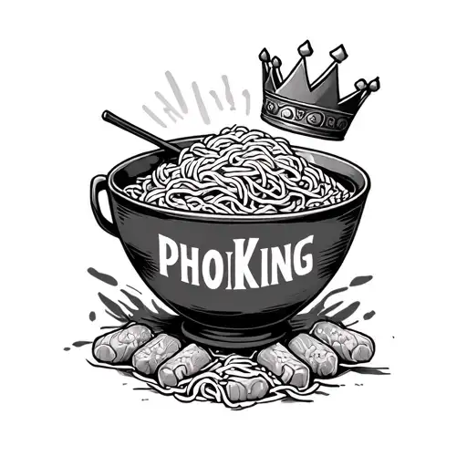 pho bowl with meat and noodles in it and a crown on top with PhoKing across the bowl. tattoo design idea