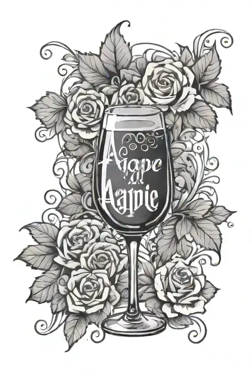 glass of wine with the word "Agape" in Barbie font tattoo design idea