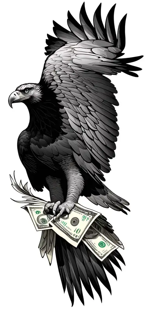 eagle soaring and money with a face shushing tattoo design idea