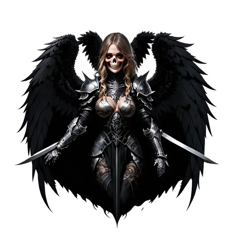  Hyperrealistic anime female warrior angel of death, adorned in intricate black and silver armor tattoo design idea