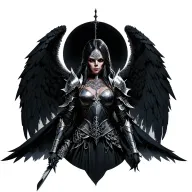  Hyperrealistic anime female warrior angel of death, adorned in intricate black and silver armor tattoo design idea