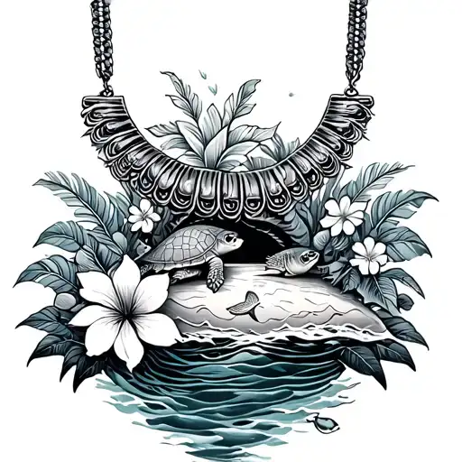 island and moana necklace and flowers and fish and turtles tattoo design idea