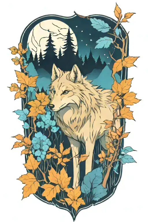 wolf blue eyes forest landscape tattoo design idea