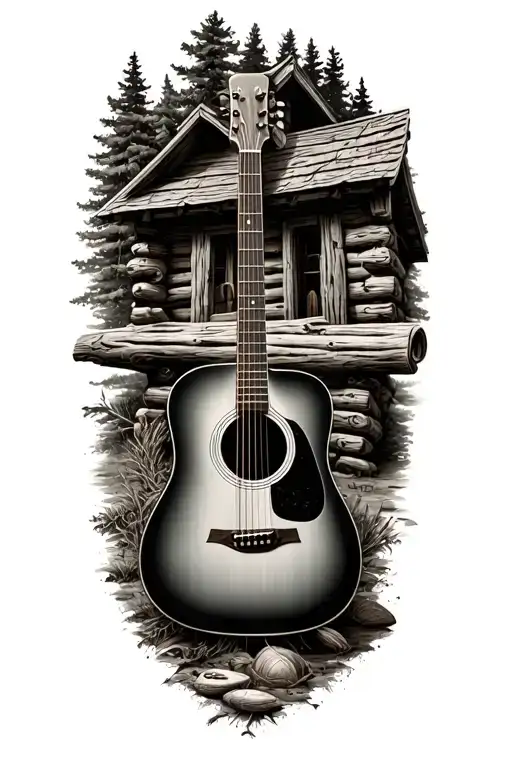 accoustic guitar surrounded by log cabin scene  tattoo design idea