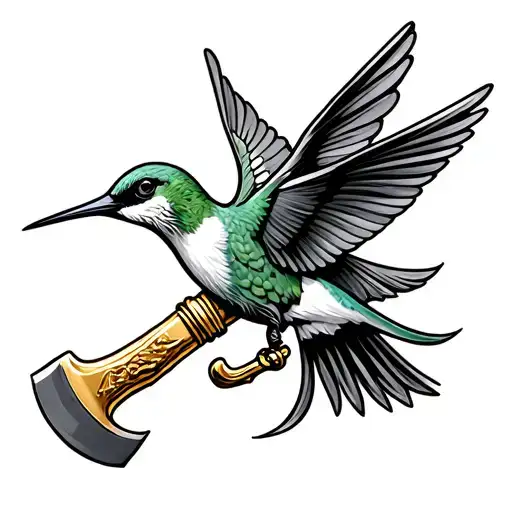 gold bar with a pix axe humming bird on the handel tattoo design idea