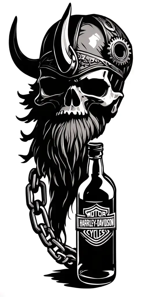 bearded Viking skull, gears, timmong chain, whiskey bottle Harley Davidson  tattoo design idea