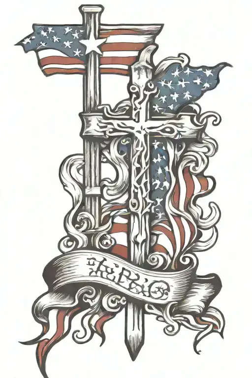 cross and American flag waving tattoo design idea