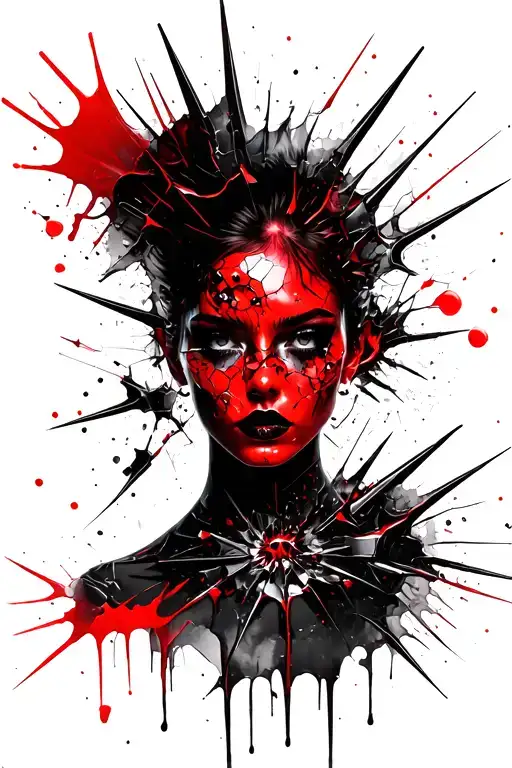 face of a woman with glass broken textures, spikes with red and black tone elements tattoo design idea