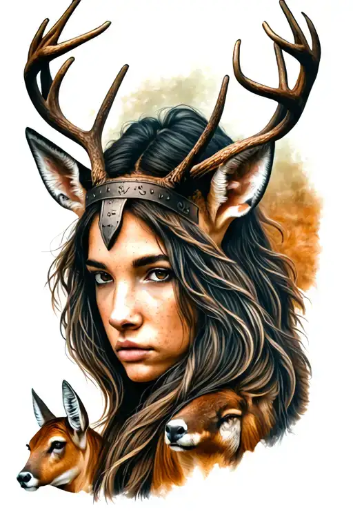 Realistic tattoo on the theme of hunting. With a Viking-Louve woman's face. Forest animals: deer, chev tattoo design idea