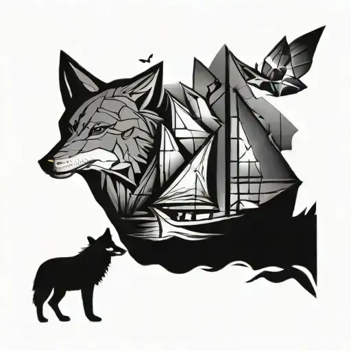 simple origami boat Above boat, add butterfly, under boat place anchor place the profile of a wolf's face tattoo design idea