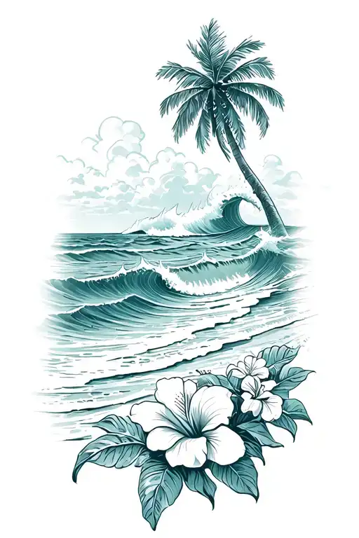 ocean waves crashing on beach with palm and hibiscus vine on bottom right tattoo design idea
