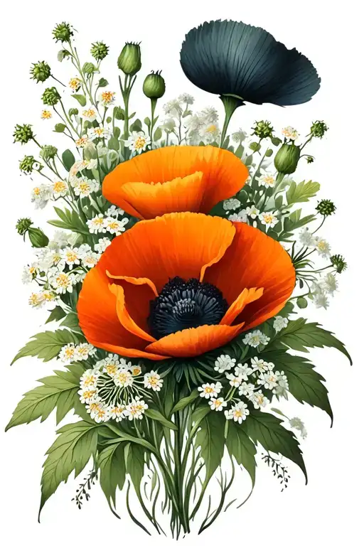 Symmetrical poppy and yarrow flower arrangement with foliage in the background tattoo design idea