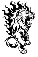 A lion roaring proudly while surrounded by flames, representing strength and courage in firefighting tattoo design idea