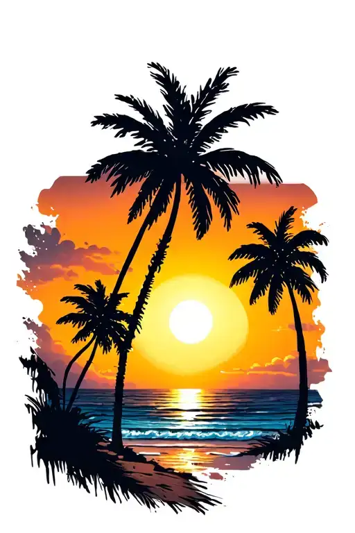sunset beach scene with palm trees distressed at sides tattoo design idea