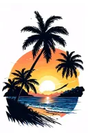 sunset beach scene with palm trees distressed at sides tattoo design idea