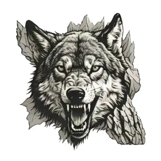 Growling Wolf Face And Realistic Rocky Mountains Inside Tattoo tattoo design idea