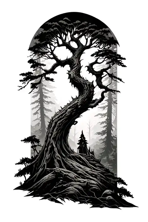 Cyber sigilism forest scene tattoo design idea