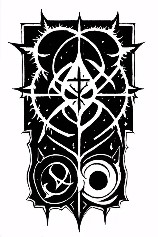 eclectic and arcane black magic sigils and symbols, rough and evil looking but also elegant and unique  tattoo design idea