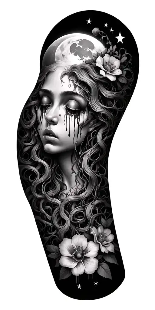 medusa crying blood tears,flowers,vines,moon and stars sleeve tattoo design idea