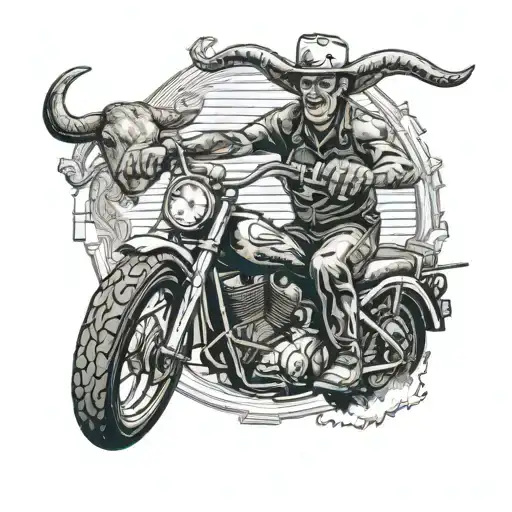 texas longhorn riding a dirtbike drinking a corona with oil rigs in the background tattoo design idea