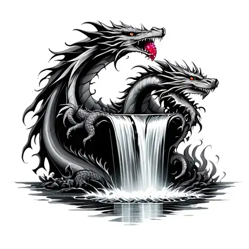 Waterfall coming out of a vase. Dragon coming out of that waterfall. With a garnet in its mouth. tattoo design idea