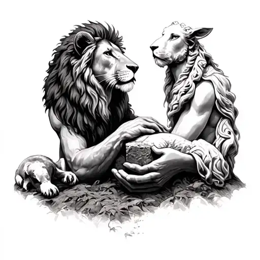 lion and lamb in jesus hands & empty tomb stone tattoo design idea