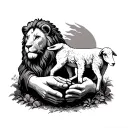 lion and lamb in jesus hands & empty tomb stone tattoo design idea