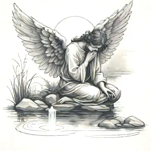 angel praying next to pond tattoo design idea