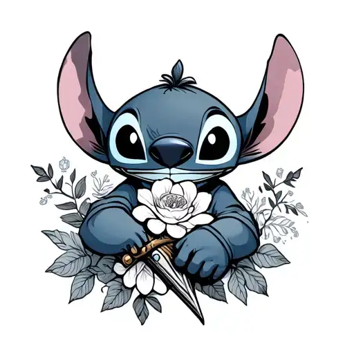 stitch holding sword and flowers tattoo design idea