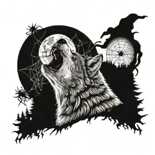 A wolf howling at the moon with a spider web in the background, incorporating elements of the client's favorite year 1996 tattoo design idea