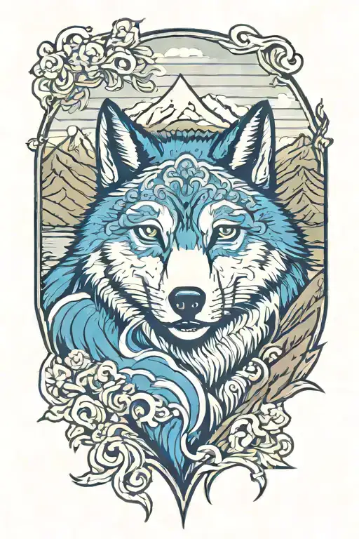 mongolian blue wolf in front of mountain landscape tattoo design idea