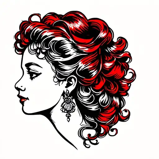 lady head profile with wavy curly hair  with red and black color  tattoo design idea