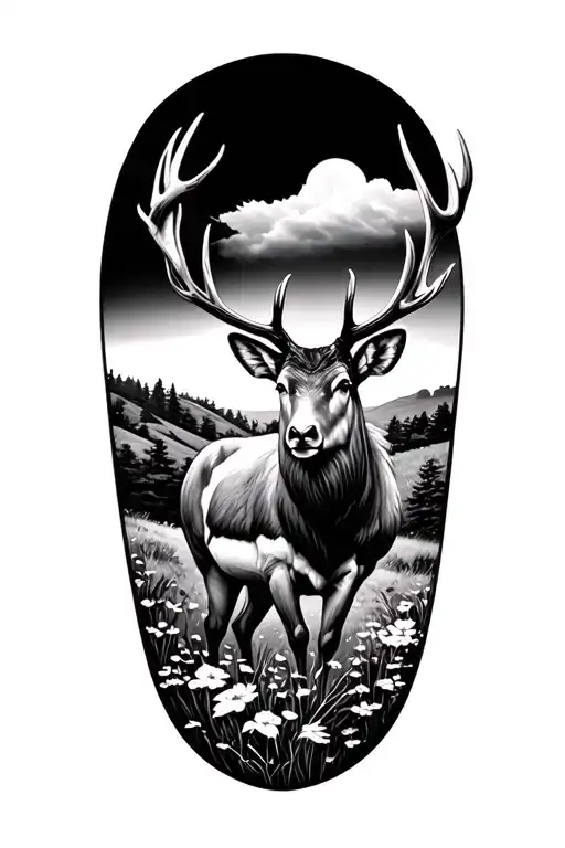 stag and scottish countryside scene tattoo design idea