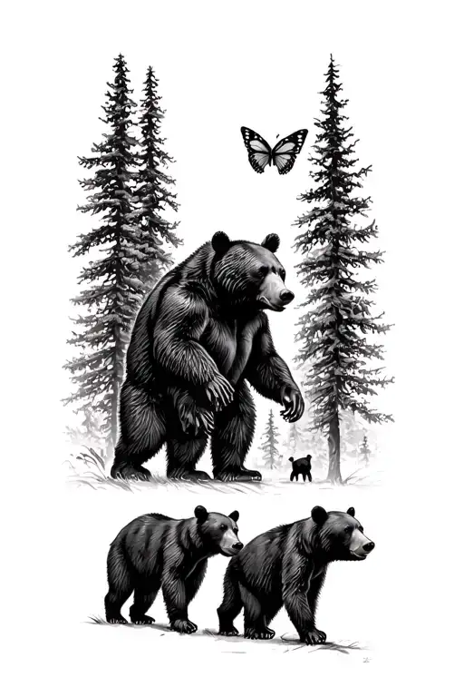 Papa bear and 3 black bear cubs and 2 monarch butterfly walking in the wilderness trees tattoo design idea