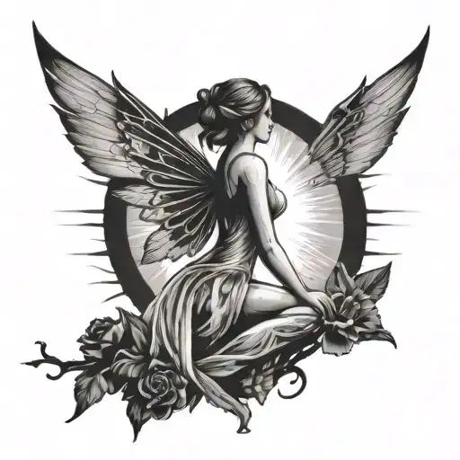 A winged fairy in the foreground, a large sun silhouette in the background, awaits the future with hope. tattoo design idea