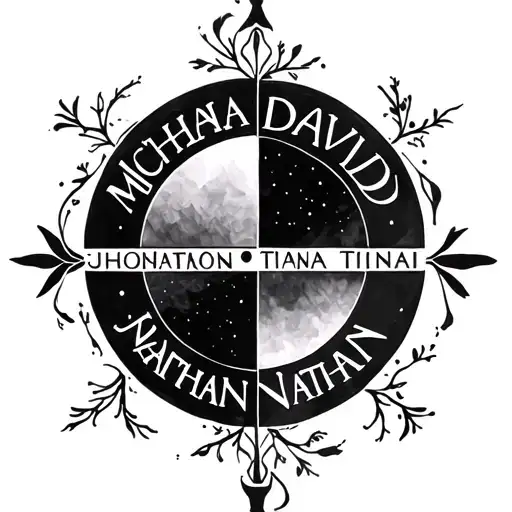 A tattoo that incorporates the names Michaela, David, Tiana, Jonathan, Nathan, and Ruth into a symbol tattoo design idea
