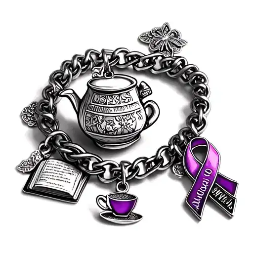 charm bracelet with fibromyalgia ribbon tea and book charms tattoo design idea