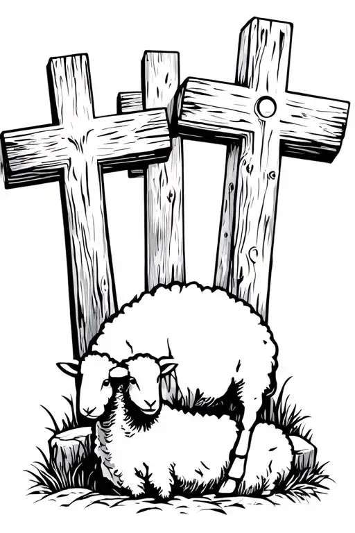 3 wooden crosses tomb with stone rolled away Shepard with single sheep tattoo design idea