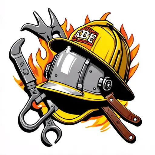firefighter tools intertwined and fire helmet hanging on tools.  tattoo design idea