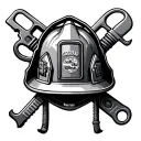 firefighter tools intertwined and fire helmet hanging on tools.  tattoo design idea